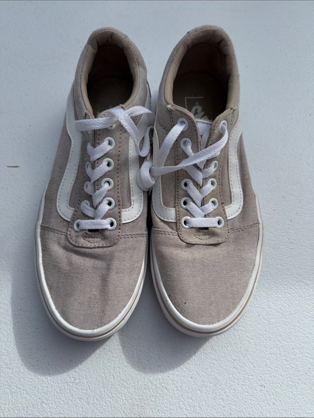 Vans women’s Old Skool Canvas Sneakers in Beige/White
